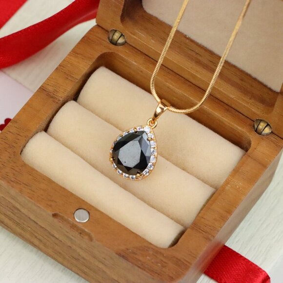 "Teardrop Black Pendant with White Crystal Border in Rose Gold Finish, XPPT1614 - Picture 8 of 13